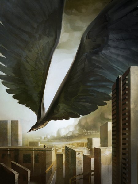 Anime picture 1200x1600 with original ocean (pixiv) long hair tall image black hair sky cloud (clouds) city cityscape girl animal bird (birds) building (buildings) roof violin