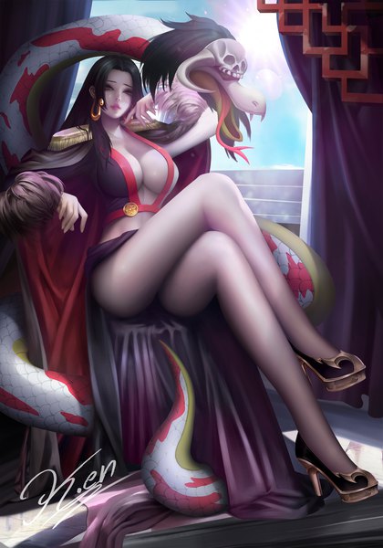 Anime picture 1440x2057 with one piece toei animation boa hancock salome (one piece) yuanhua5540 single long hair tall image looking at viewer breasts light erotic black hair large breasts sitting brown eyes signed payot cleavage full body bent knee (knees)