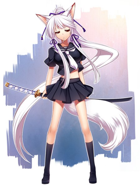 Anime picture 1080x1440 with original konshin single long hair tall image fringe breasts light erotic red eyes twintails animal ears silver hair very long hair animal tail fox ears fox tail fox girl looking down girl uniform