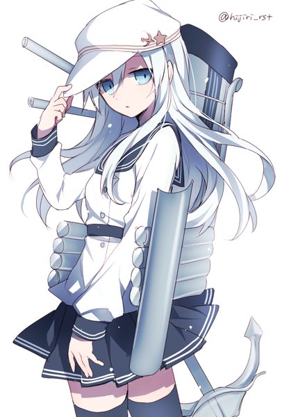 Anime picture 693x1024 with kantai collection hibiki destroyer verniy destroyer hijiri (resetter) single long hair tall image blue eyes simple background white background signed looking away silver hair hammer and sickle girl thighhighs black thighhighs star (symbol) flat cap