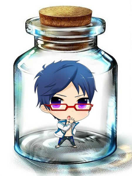 Anime picture 1000x1333 with free! kyoto animation ryugazaki rei single tall image looking at viewer short hair open mouth simple background standing white background purple eyes blue hair open clothes open jacket chibi in bottle glasses jacket bottle