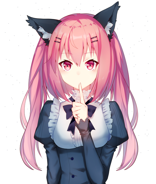 Anime picture 2200x2600 with original sada (sadahalu) single long hair tall image looking at viewer blush fringe highres simple background hair between eyes white background animal ears pink hair upper body long sleeves pink eyes cat ears finger to mouth sleeves past wrists