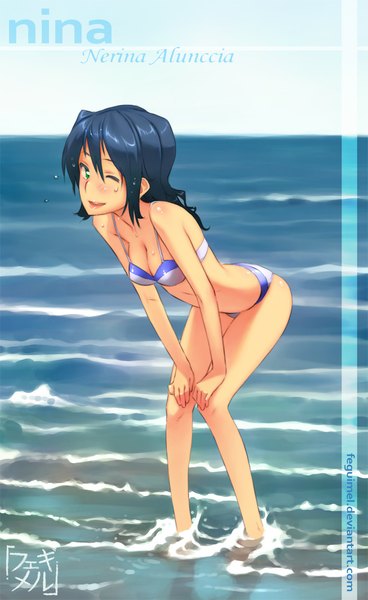 Anime picture 675x1100 with original feguimel single long hair tall image looking at viewer blush light erotic smile green eyes signed blue hair one eye closed wink girl swimsuit bikini