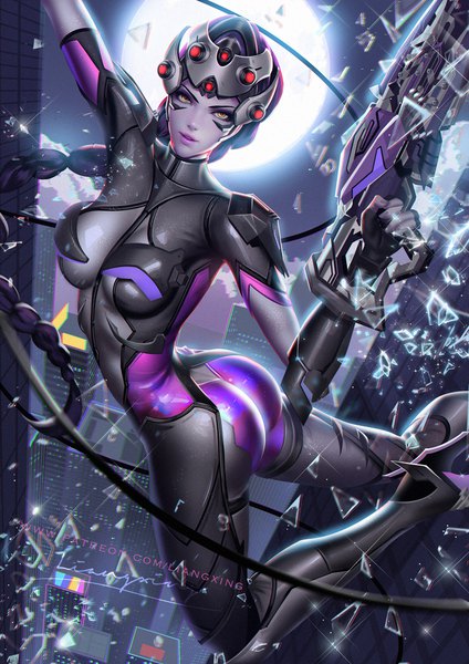 Anime picture 900x1273 with overwatch blizzard entertainment widowmaker (overwatch) liang xing single long hair tall image looking at viewer breasts light erotic holding signed yellow eyes purple hair bent knee (knees) ass braid (braids) parted lips realistic night