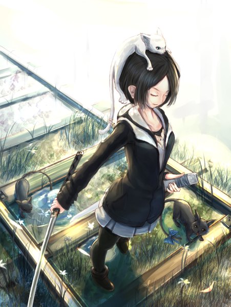 Anime picture 1131x1503 with original kikivi single tall image short hair black hair eyes closed girl skirt flower (flowers) weapon plant (plants) animal sword shoes katana cat grass railways