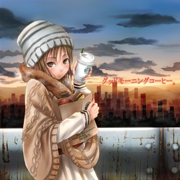 Anime picture 1700x1700 with original starbucks ren (nyanyo) single highres brown hair brown eyes sky morning sunrise girl food scarf building (buildings) drink cap winter clothes disposable cup coffee poncho