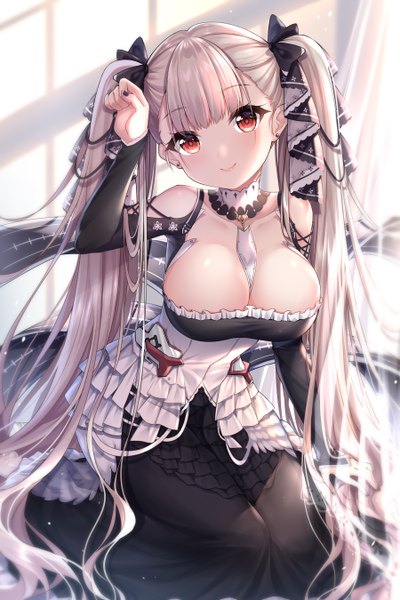 Anime picture 3600x5400 with azur lane formidable (azur lane) sannio single tall image looking at viewer blush fringe highres breasts light erotic smile red eyes large breasts sitting twintails bare shoulders absurdres cleavage full body