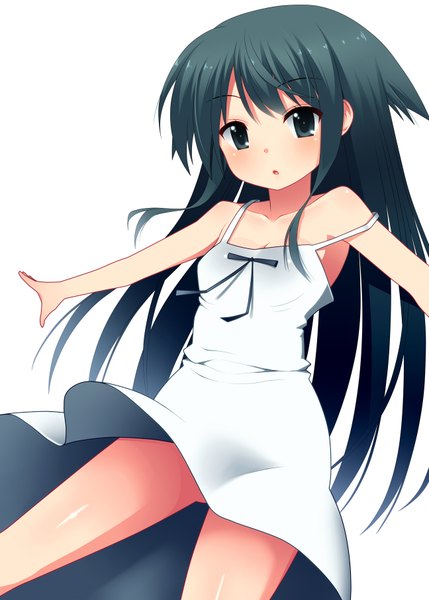 Anime picture 1296x1812 with saya no uta nitroplus saya (saya no uta) naze single long hair tall image looking at viewer blush black hair simple background white background green eyes loli girl sundress