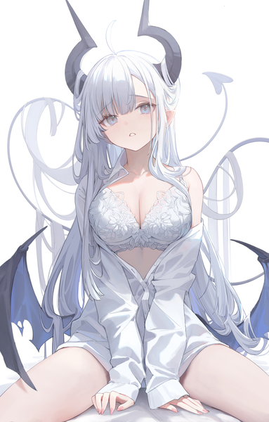 Anime picture 1286x2013 with original thea (nekojira) nekojira single long hair tall image looking at viewer fringe breasts blue eyes light erotic simple background white background sitting silver hair ahoge tail blunt bangs long sleeves parted lips