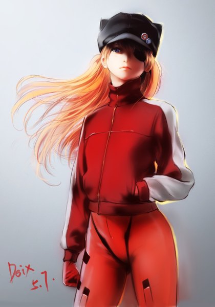 Anime picture 3500x5000 with neon genesis evangelion gainax soryu asuka langley shikinami asuka langley baozixz single long hair tall image looking at viewer highres blue eyes blonde hair absurdres lips gradient background hand in pocket girl jacket bodysuit eyepatch