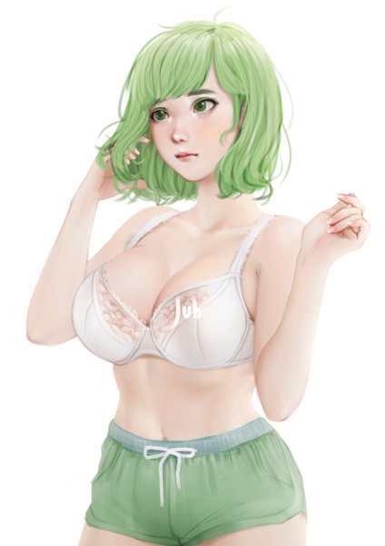 Anime picture 1920x2716 with original momo (jubi) jubi (regiana) single tall image fringe highres short hair breasts light erotic white background green eyes signed looking away cleavage upper body parted lips fingernails green hair realistic