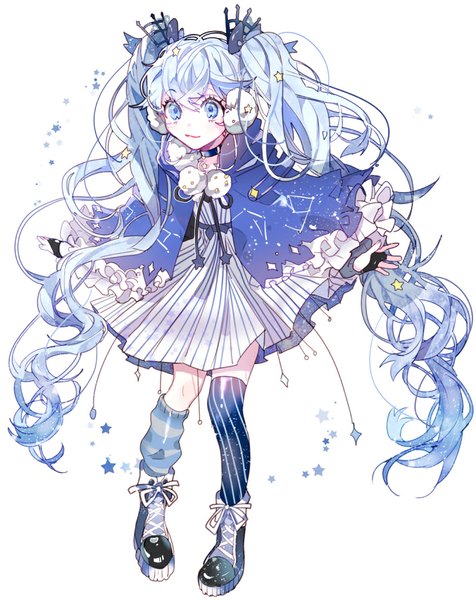 Anime picture 800x1008 with vocaloid hatsune miku fuyu no yoru miku piyo (ppotatto) single tall image fringe blue eyes simple background white background twintails blue hair looking away full body very long hair wavy hair lacing :3 girl thighhighs