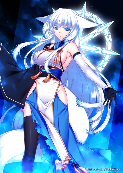 Anime picture 777x1087 with original pixiv fantasia pixiv fantasia fallen kings konshin single long hair tall image looking at viewer blue eyes bare shoulders white hair girl thighhighs dress gloves black thighhighs elbow gloves