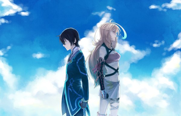 Anime picture 2349x1511 with tales of (series) tales of xillia milla maxwell jude mathis arblest00 long hair highres short hair black hair blonde hair red eyes yellow eyes cloud (clouds) midriff couple back to back girl boy skirt gloves