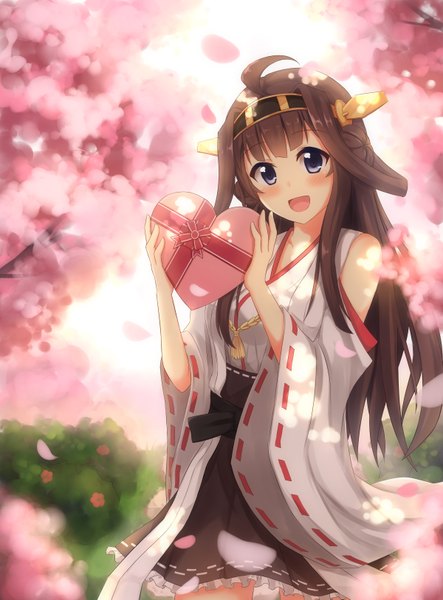 Anime picture 2400x3250 with kantai collection kongou battleship onamae-kun single long hair tall image blush fringe highres breasts open mouth blue eyes brown hair bare shoulders holding ahoge traditional clothes parted lips head tilt :d