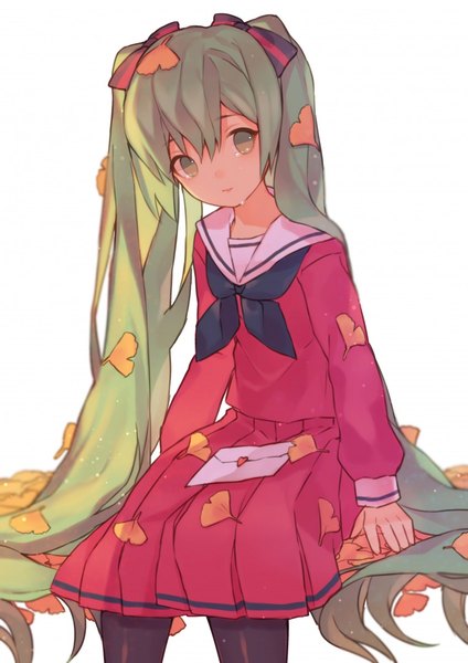 Anime picture 763x1080 with vocaloid hatsune miku yasiromann single tall image fringe simple background white background sitting twintails green eyes looking away very long hair head tilt pleated skirt green hair tears empty eyes girl skirt