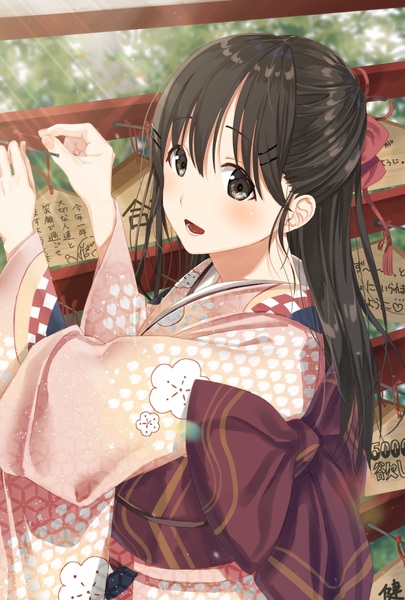 Anime picture 787x1165 with original kukiha single long hair tall image looking at viewer blush fringe open mouth smile hair between eyes brown hair brown eyes payot upper body traditional clothes :d japanese clothes looking back from behind
