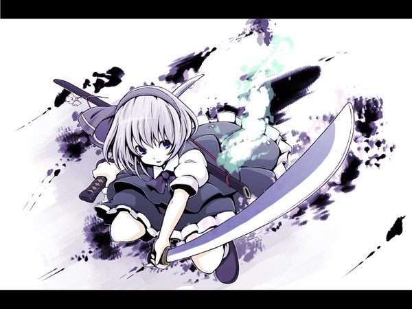 Anime picture 1600x1200 with touhou konpaku youmu tsuttsu single short hair purple eyes silver hair letterboxed girl sword hairband katana