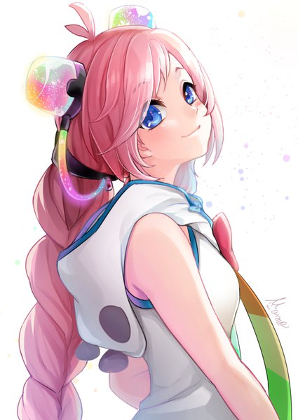 Anime picture 800x1130 with vocaloid rana (vocaloid) mamo (fortune-mm) single long hair tall image looking at viewer blue eyes simple background white background signed pink hair upper body ahoge braid (braids) twin braids animal hood girl hood