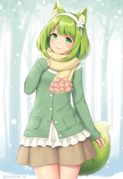 Anime picture 836x1216 with original sasaame single tall image looking at viewer blush fringe short hair smile standing green eyes signed animal ears payot outdoors tail long sleeves animal tail green hair twitter username
