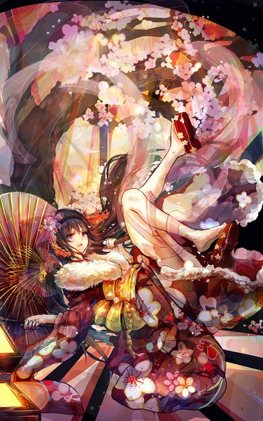 Anime picture 753x1200 with mahou shoujo madoka magica shaft (studio) akemi homura bai qi-qsr single long hair tall image fringe open mouth black hair purple eyes full body traditional clothes japanese clothes hair flower girl hair ornament flower (flowers) plant (plants) tree (trees)