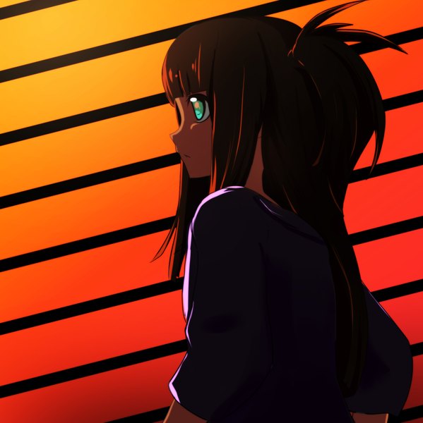 Anime picture 1838x1842 with rinine single long hair tall image highres blue eyes brown hair girl t-shirt clothes