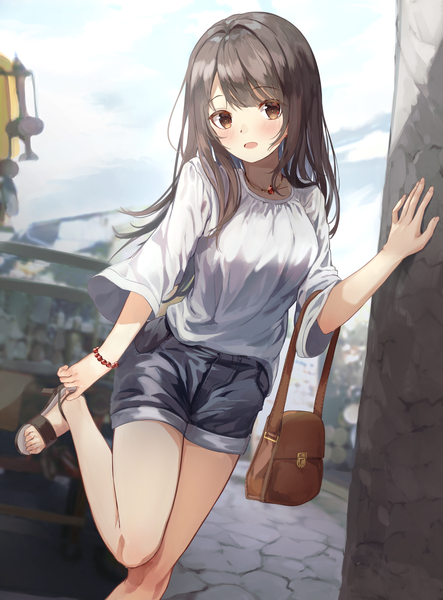 Anime picture 1500x2029 with original seero single long hair tall image blush fringe open mouth brown hair standing brown eyes sky cloud (clouds) outdoors standing on one leg adjusting footwear girl shorts bracelet pendant