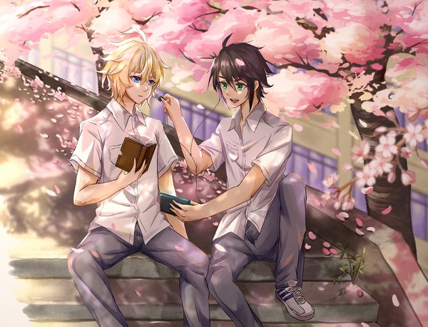 Anime picture 1200x917 with owari no seraph wit studio hyakuya yuuichirou hyakuya mikaela cookies (1503) fringe short hair open mouth blue eyes black hair blonde hair smile hair between eyes sitting holding green eyes looking away ahoge bent knee (knees) outdoors