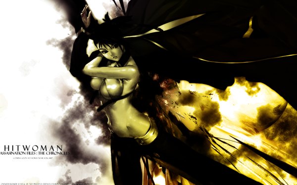 Anime picture 1920x1200 with bakuretsu tenshi hakua ugetsu devildude single looking at viewer highres breasts black hair wide image large breasts signed third-party edit girl