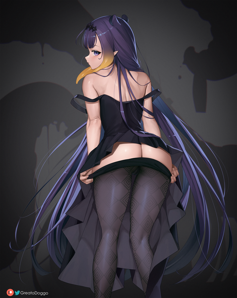 Anime picture 1914x2403 with virtual youtuber hololive hololive english ninomae ina'nis greatodoggo single long hair tall image looking at viewer fringe highres light erotic standing purple eyes signed animal ears purple hair ass profile looking back