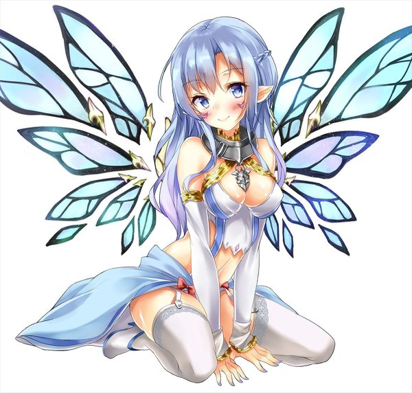 Anime picture 1200x1145 with mabinogi marisasu (marisa0904) single long hair looking at viewer blush fringe breasts blue eyes light erotic simple background smile white background sitting bare shoulders blue hair bent knee (knees) braid (braids) nail polish head tilt