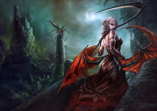Anime picture 1200x849 with original hayaken (artist) long hair red eyes bare shoulders sky cleavage silver hair cloud (clouds) looking back from behind night back city bat wings crescent ruins monster girl girl dress