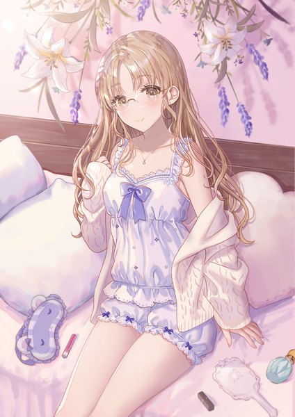 Anime picture 1240x1754 with virtual youtuber nijisanji sister cleaire unagi miyako single long hair tall image looking at viewer blush fringe smile brown hair sitting brown eyes indoors head tilt arm up off shoulder lipstick sleeves past wrists