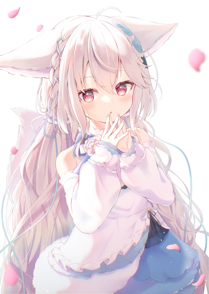 Anime picture 893x1253 with original sakurada shiro liuliu single long hair tall image blush fringe hair between eyes red eyes white background twintails animal ears silver hair ahoge tail animal tail :o low twintails fingers together