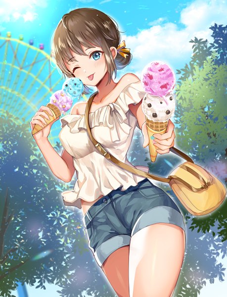 Anime picture 1000x1305 with original meisuke mei single tall image looking at viewer blush fringe short hair breasts blue eyes smile brown hair standing bare shoulders holding payot sky cloud (clouds) outdoors one eye closed