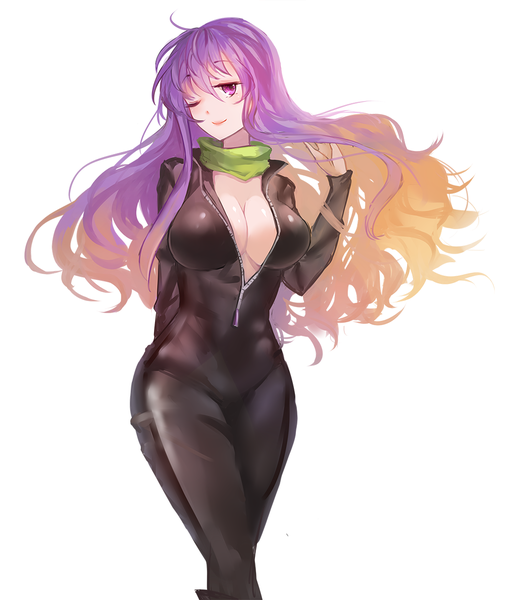 Anime picture 1000x1188 with touhou hijiri byakuren vetina single long hair tall image breasts light erotic simple background blonde hair smile large breasts white background purple eyes purple hair one eye closed multicolored hair lips wink no bra