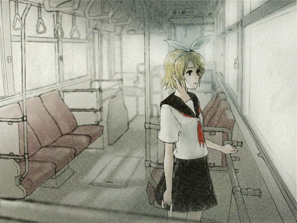 Anime picture 1600x1200 with vocaloid kagamine rin single blonde hair spot color girl uniform bow hair bow serafuku train