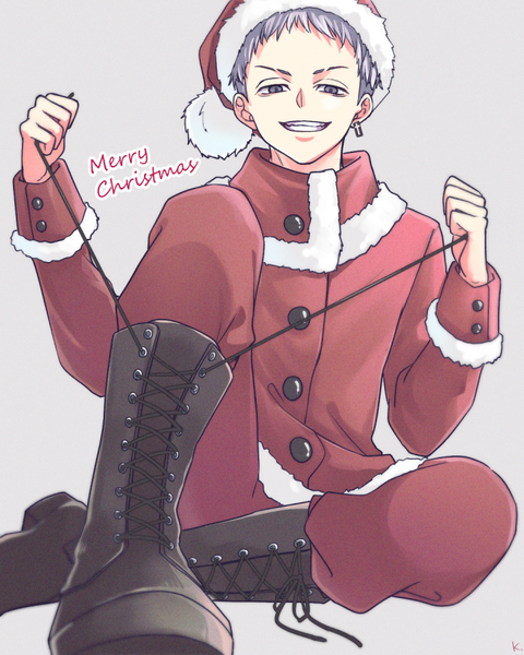 Anime picture 720x900 with tokyo revengers mitsuya takashi k. (pixiv9540247) single tall image looking at viewer short hair simple background smile sitting grey hair grey background grey eyes grin piercing ear piercing christmas lacing merry christmas boy