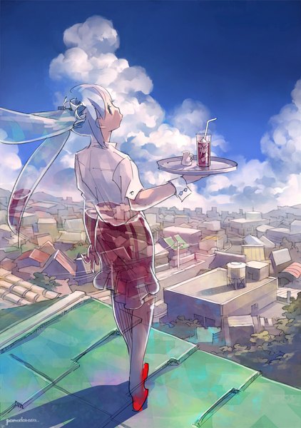 Anime picture 750x1065 with original pomodorosa single long hair tall image looking at viewer standing twintails signed blue hair sky cloud (clouds) profile wind shadow back city cityscape transparent girl