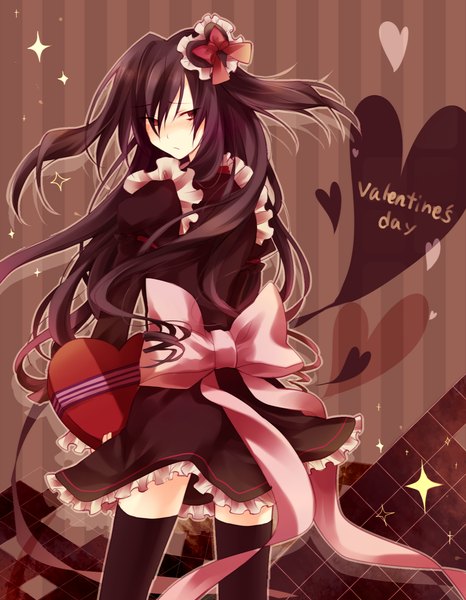 Anime picture 1431x1839 with original ibara riato single long hair tall image blush black hair red eyes looking back valentine striped background girl thighhighs dress hair ornament bow black thighhighs heart