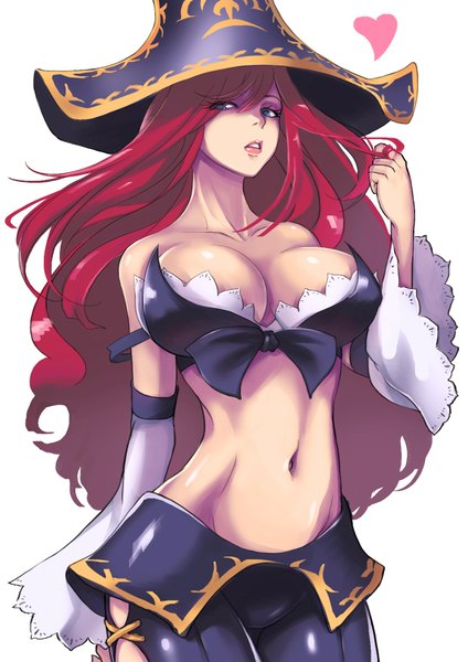 Anime picture 1240x1754 with league of legends miss fortune (league of legends) nr noir single long hair tall image looking at viewer highres breasts blue eyes light erotic simple background large breasts white background bare shoulders cleavage red hair lips midriff groin