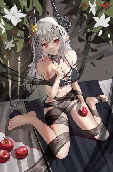 Anime picture 5457x8268 with arknights mudrock (arknights) mudrock (silent night) (arknights) skydrop single long hair tall image looking at viewer fringe highres breasts open mouth light erotic red eyes sitting holding absurdres silver hair full body head tilt