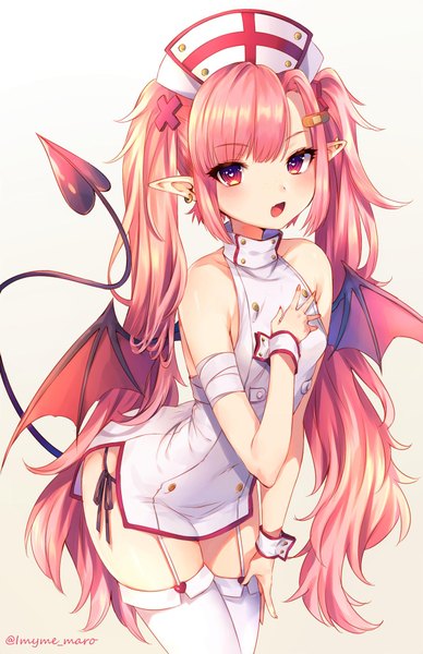 Anime picture 1325x2047 with original marota single long hair tall image looking at viewer blush fringe open mouth light erotic simple background standing white background twintails bare shoulders signed payot tail nail polish pink eyes