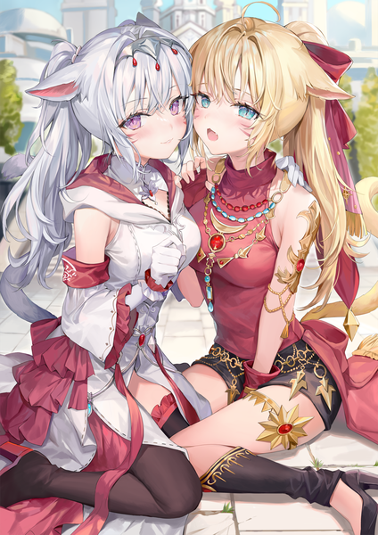 Anime picture 1300x1839 with final fantasy final fantasy xiv square enix white mage dancer (final fantasy) momoko (momopoco) long hair tall image looking at viewer blush fringe open mouth blue eyes blonde hair smile hair between eyes sitting purple eyes twintails bare shoulders