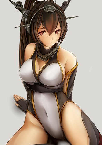 Anime picture 703x1000 with kantai collection nagato battleship nannacy7 single long hair tall image looking at viewer breasts light erotic black hair red eyes bare shoulders ponytail girl hair ornament