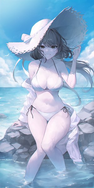 Anime picture 3000x5975 with original crystalherb single long hair tall image looking at viewer fringe highres breasts light erotic smile brown hair large breasts twintails brown eyes sky cleavage cloud (clouds) sunlight off shoulder