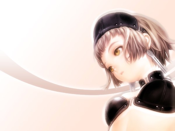 Anime picture 1600x1200 with range murata single fringe short hair breasts light erotic simple background white background yellow eyes upper body parted lips grey background from below third-party edit bob cut girl underwear earrings lingerie headdress