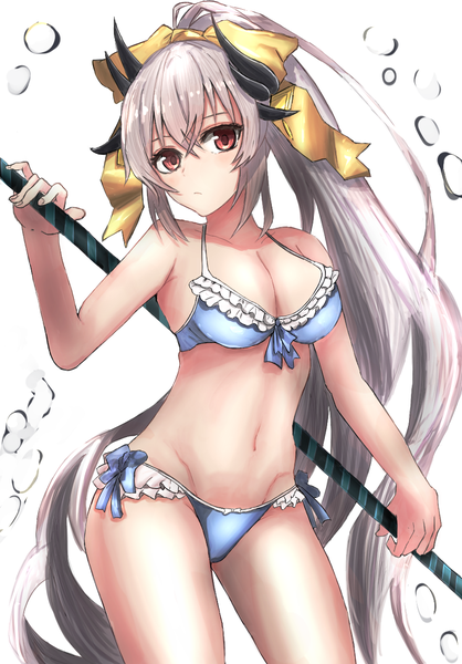 Anime picture 906x1300 with fate (series) fate/grand order kiyohime (fate) kiyohime (swimsuit lancer) (fate) nayu ub single tall image looking at viewer blush fringe breasts light erotic simple background hair between eyes red eyes standing white background bare shoulders holding payot