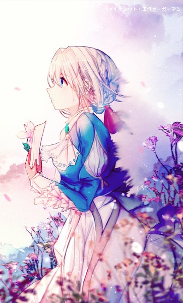 Anime picture 727x1200 with violet evergarden kyoto animation violet evergarden (character) t.s single tall image fringe short hair blue eyes blonde hair hair between eyes standing holding signed looking away sky cloud (clouds) outdoors braid (braids) profile