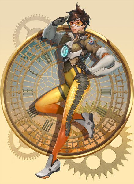 Anime picture 800x1095 with overwatch blizzard entertainment tracer (overwatch) hage2013 single tall image short hair smile brown hair brown eyes full body bent knee (knees) parted lips realistic shadow hand on hip character names piercing ear piercing looking up